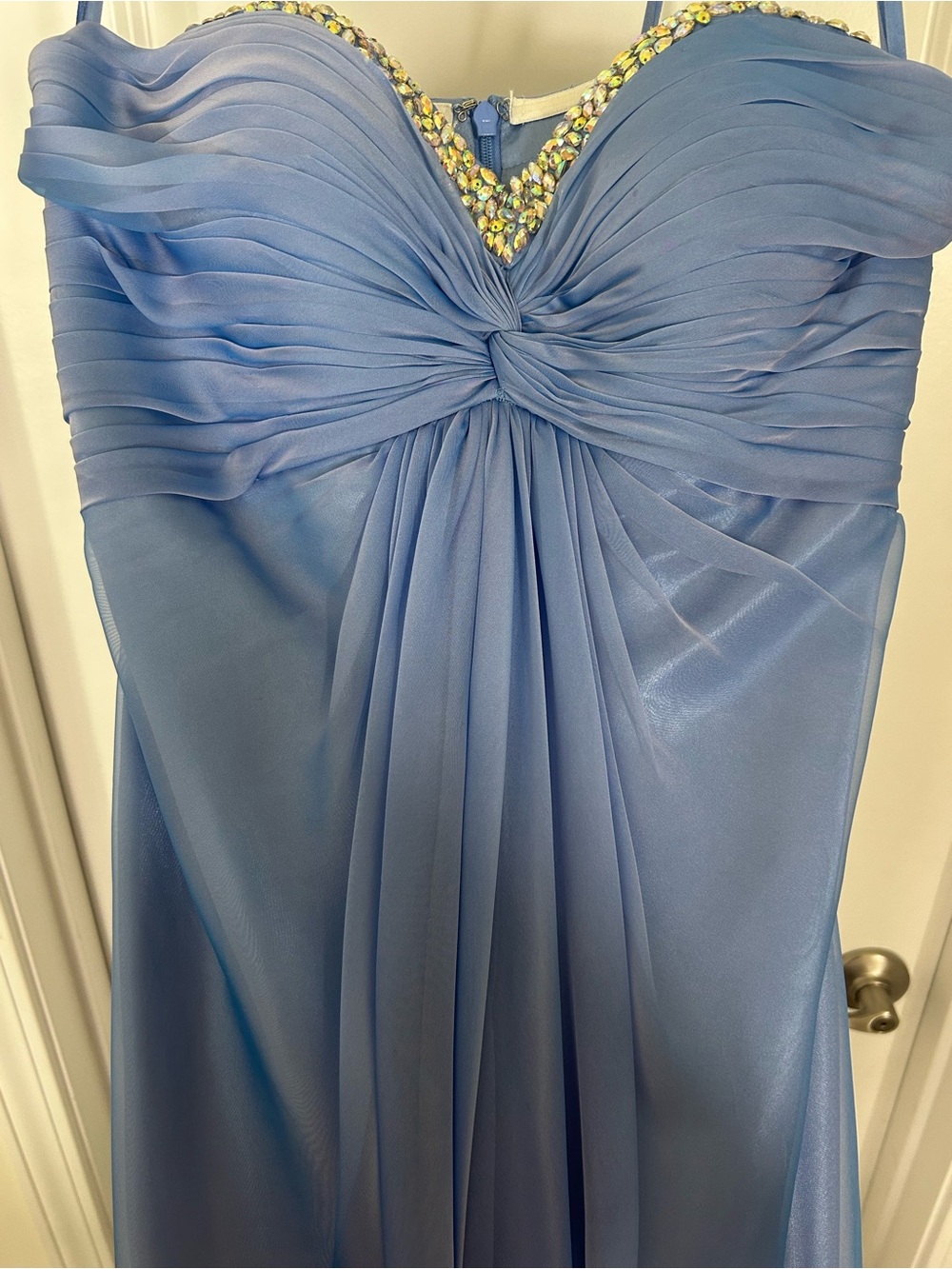 La Femme Strapless Light Blue Evening Gown with Beaded Sweetheart